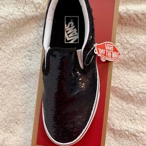 NWT Black Sequined Slip-On Vans